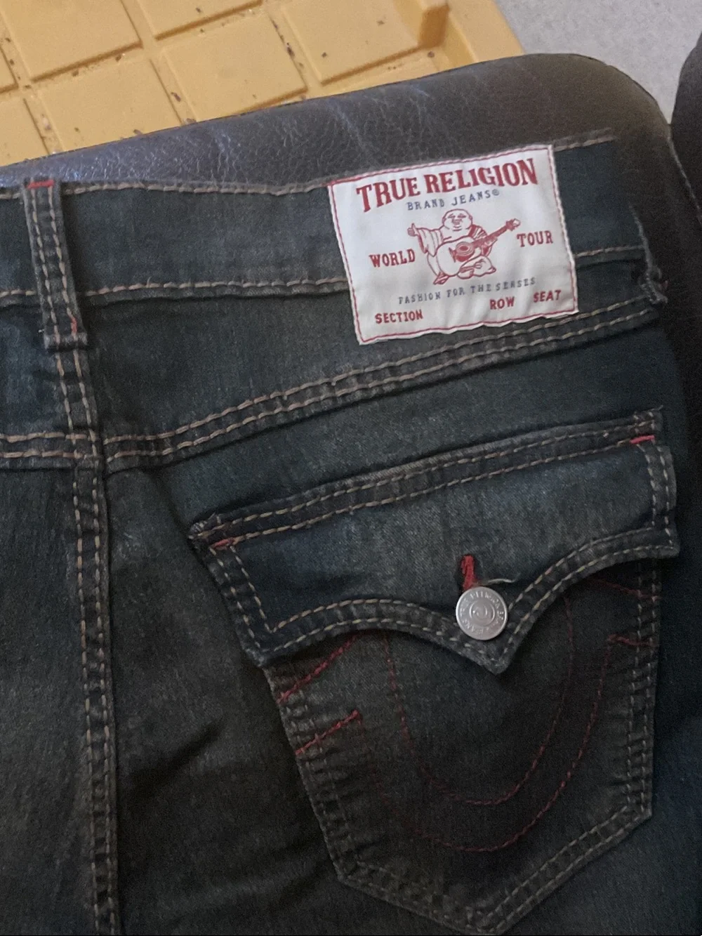 True Religion Men’s Dark Wash Jeans with Red Stitching